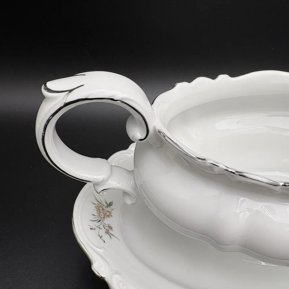 Crown Bavaria Germany Gravy Boat  Bowl Attached Platter Ladle Bouquet Floral Vtg